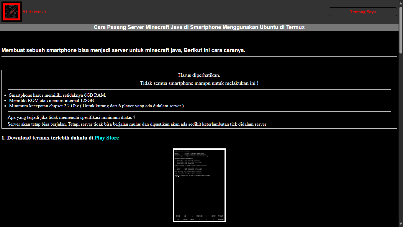 Screenshot dari web artikel berjudul cara memasang server minecraft java pada ubuntu di termux